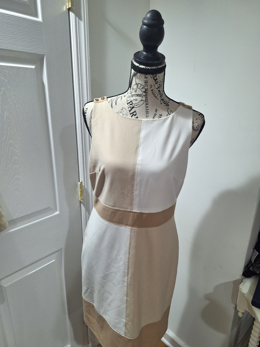 Sleeveless Two-Tone Midi Sheath Dress in Beige and Cream